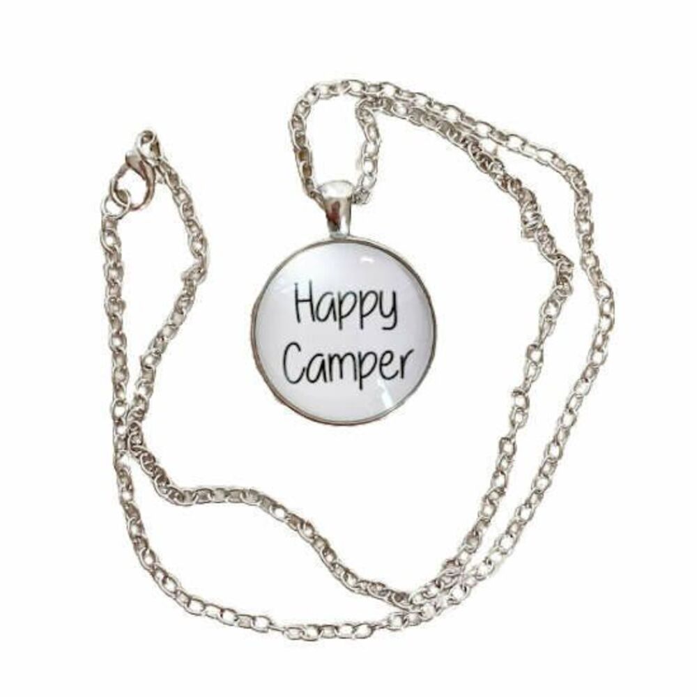 HAPPY CAMPER Necklace NEW White Round Glass Silver Chain RV Motorhome Tent